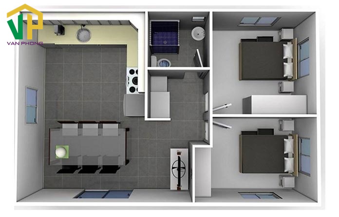 Bản vẽ 3D cho mẫu thiết kế nhà hiện đại có 2 phòng ngủ