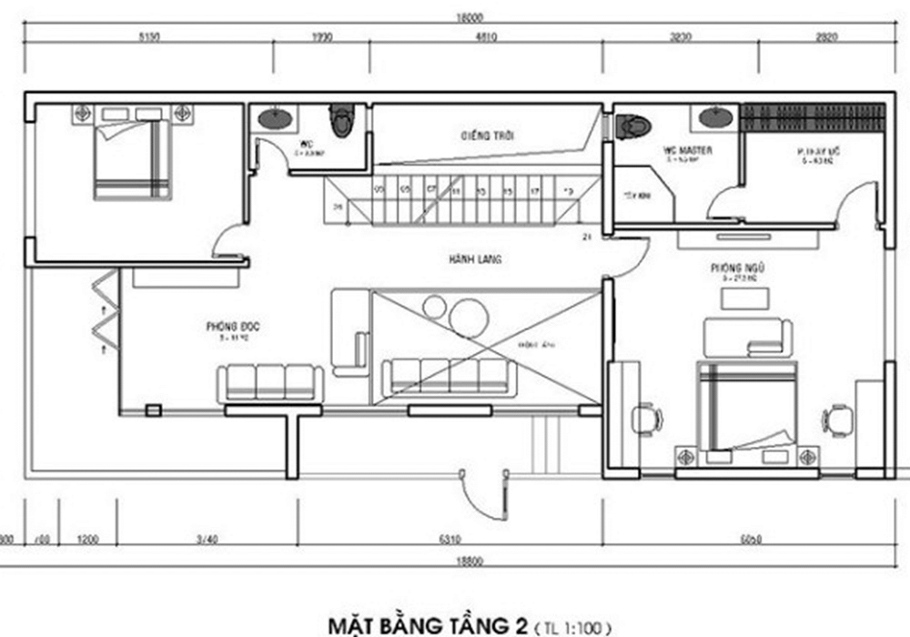 Bản vẽ mặt bằng tầng 2 với các số liệu rất chi tiết