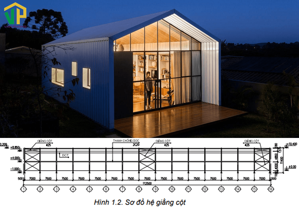 Bản vẽ hệ giằng cột nhà tiền chế cấp 4 với hệ thống cửa kính lớn